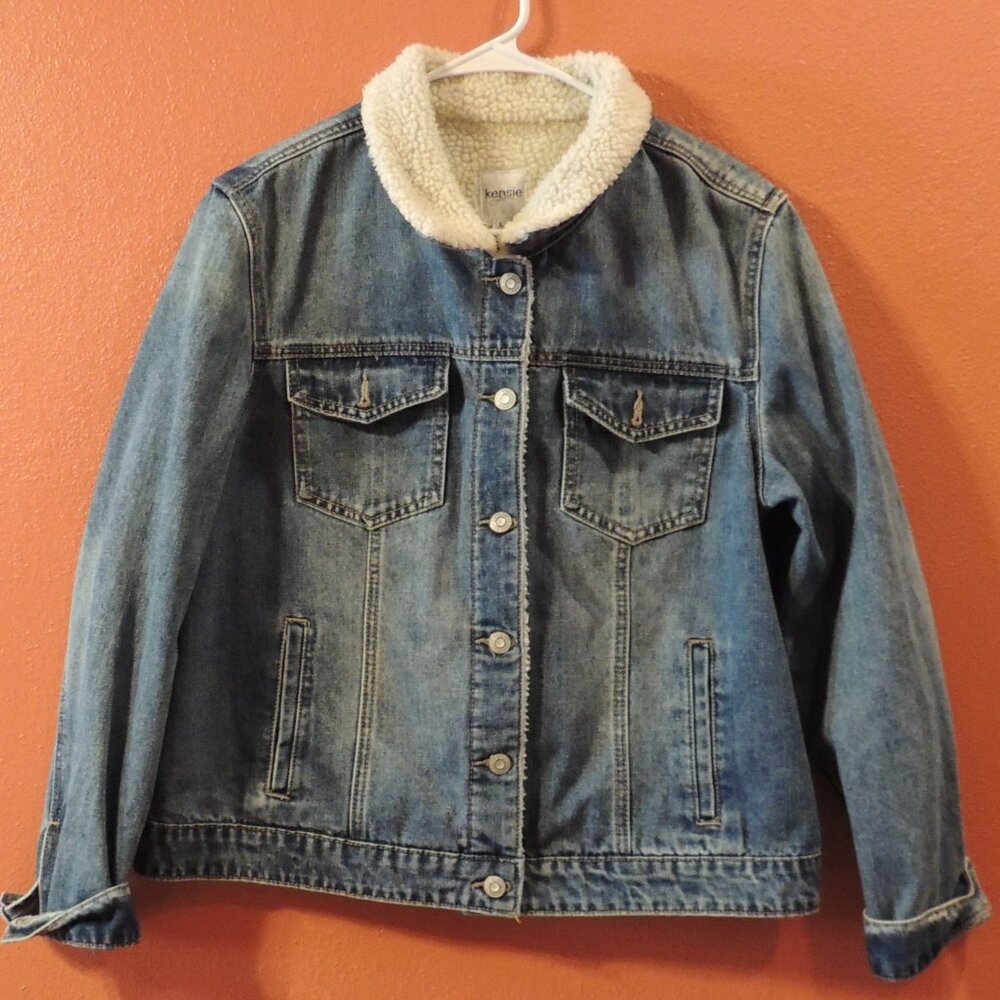 Kensie Jacket Woman Large Blue Cream Button Up Faux Fur Denim Jean Jacket
